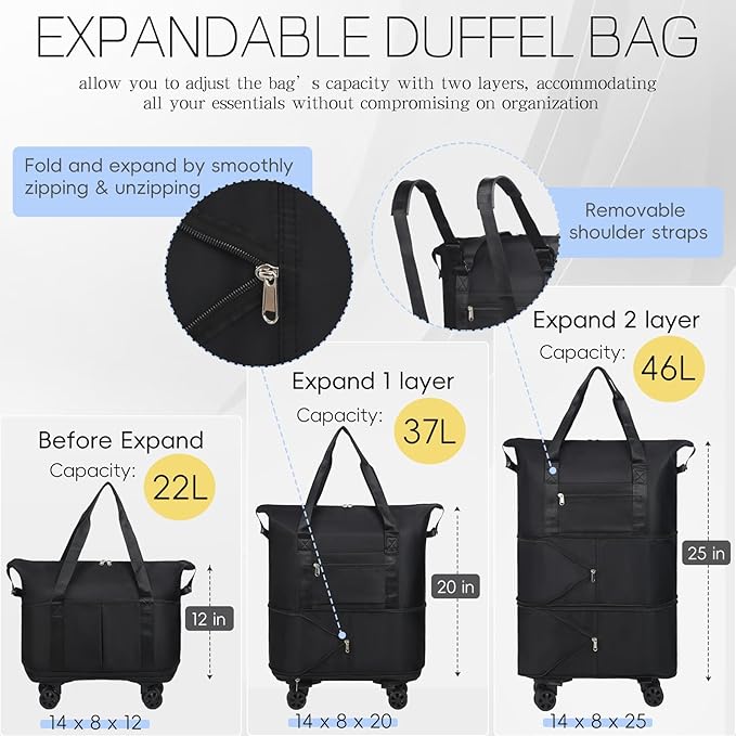 VOOWO Duffel Bag with Wheels - Rolling Foldable Expandable Duffle Bag with Wheels for Travel, Rolling Luggage Bag Carry On Travel Bag with Wheels, Large Wheeled Overnight Weekender Bag (Black)