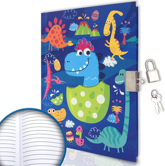 Boys Diary with Lock for Kids, 7x5.25 Inches 160 Lined Pages Secret Blue Dinosaur Notebook for Kids Journal with Lock for Boys Pre School Writing Drawing Cute Kids Gifts for Birthday