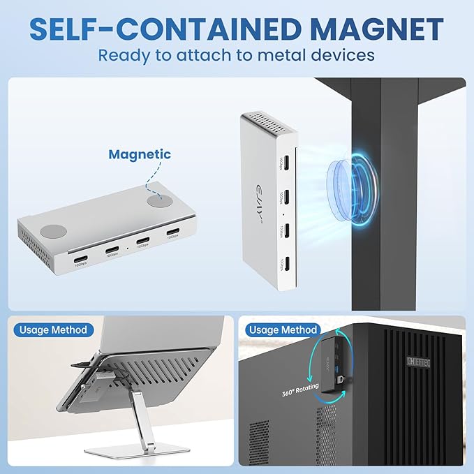 EJAY 10Gbps Magnetic USB-C Hub, 4-Port USB 3.2 Gen2 Data Transfer, Includes Sliding Rail, Screws and Sticky Pads for MacBook Laptop PC, Silver