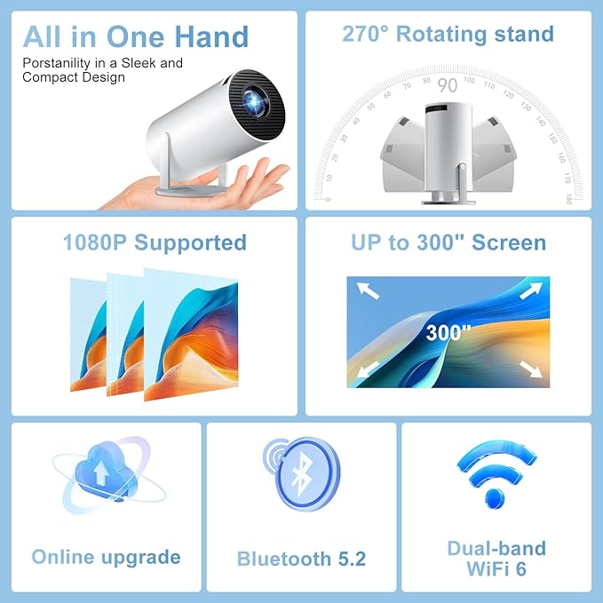 Smart HY300 Projector With Built-in Apps, Wifi Bluetooth 4K 1080P, Auto Keystone, Short Throw and 180 Adjustable, Mini Portable Outdoor Movie (White)