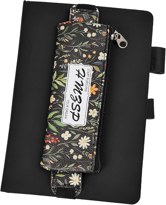 Adjustable Elastic PU Pen Holder for Notebook, Stationery School Supplies Zipper Bag for Journals, Book,Planners,Black Flower,2 PCS