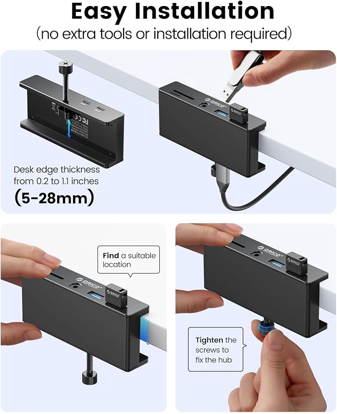 ORICO USB Hub 3.0, Clamp USB Hub with Extra Power Port, Aluminum USB C Adapter with 2 USB-A Data Ports,3.5mm AUX, SD/TF Card Reader for Desktop(Black)