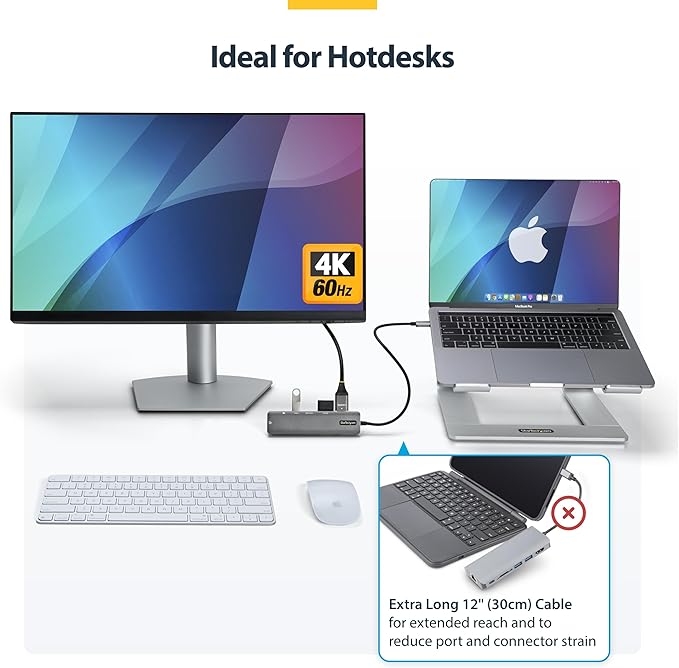 StarTech.com 7-in-1 USB-C Hub, Extra Long Cable Multiport Adapter with Gigabit Ethernet, 4K 60Hz HDMI, Gigabit Ethernet, SD/microSD and 100W Charging for MacBook Pro/Air and Windows