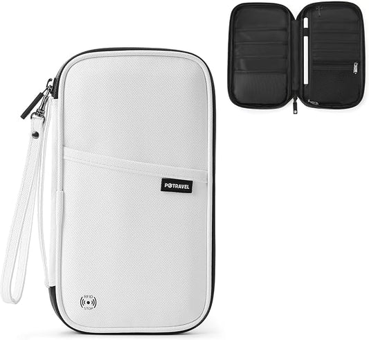 Travel Passport Holder, Large Family Passport Walle for Men Women RFID Passport Cover Lightweight Portable Document Organizer with Wrist Strap (White)