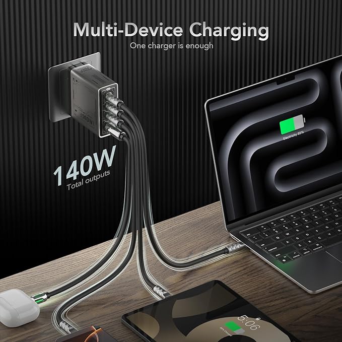 Mfish 140W USB C Charger, 4-Port GaN Charger Block, Foldable Fast Laptop Charger Power Adapter for MacBook Pro/Air, iPad Pro, iPhone 16 Pro, Galaxy S25/S24, Steam Deck, Google Pixelbook, and Tablet