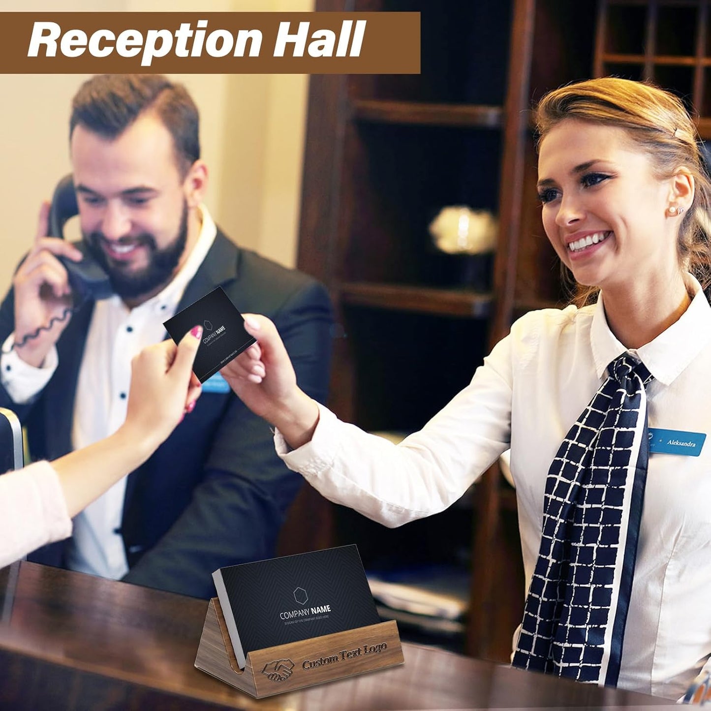 Custom Business Card Holder Desk-Personalized Engraved Wooden Business Card Case Holder, Customized Name Logo Business Card Display Gifts for Men Women (Style1-Black)