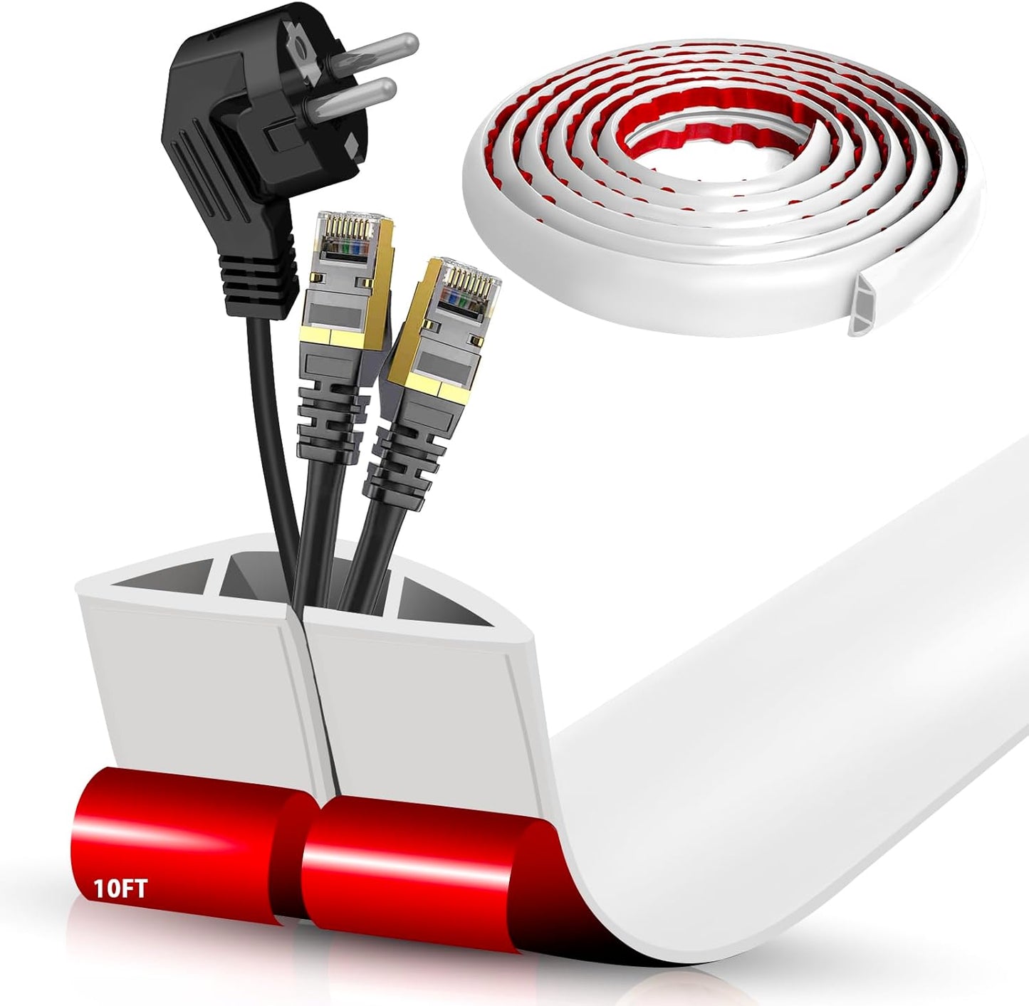 Floor Cord Cover Self Adhesive Cord Hider,10FT Cable Management, Extension Strip Protector for Wires, Prevent Cable Trips for Offices, Gyms, Exhibitions Cavity:0.51"(W) x 0.3"(H) White