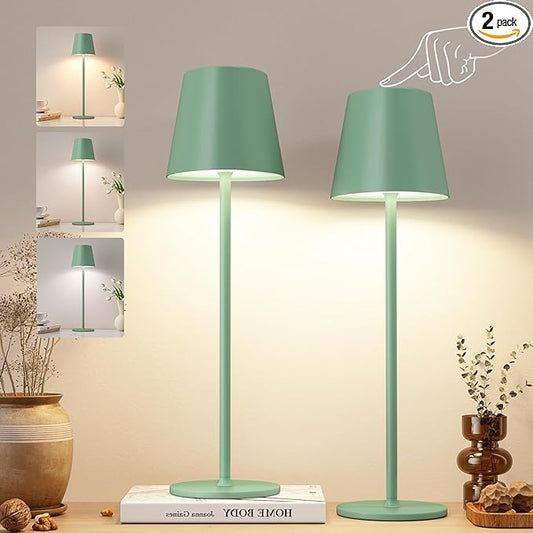 Kakanuo Green Cordless Table Lamps, Rechargeable Lamp, Battery Operated Lamps, Touch Control Table Lamps, 3 Color Temperature, Stepless Dimmable, LED Portable Wireless Battery Lamp, Set of 2