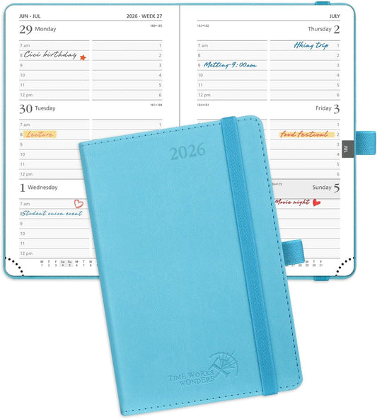 POPRUN Pocket Calendar 2026 (Small Size- 4'' x 6.25") Weekly and Monthly for Purse - Planner 2026 (Jan. 2026 - Dec. 2026) with Vegan Leather Soft Cover, Plastic Ruler,TJ-26-CELA6 - Blue Green