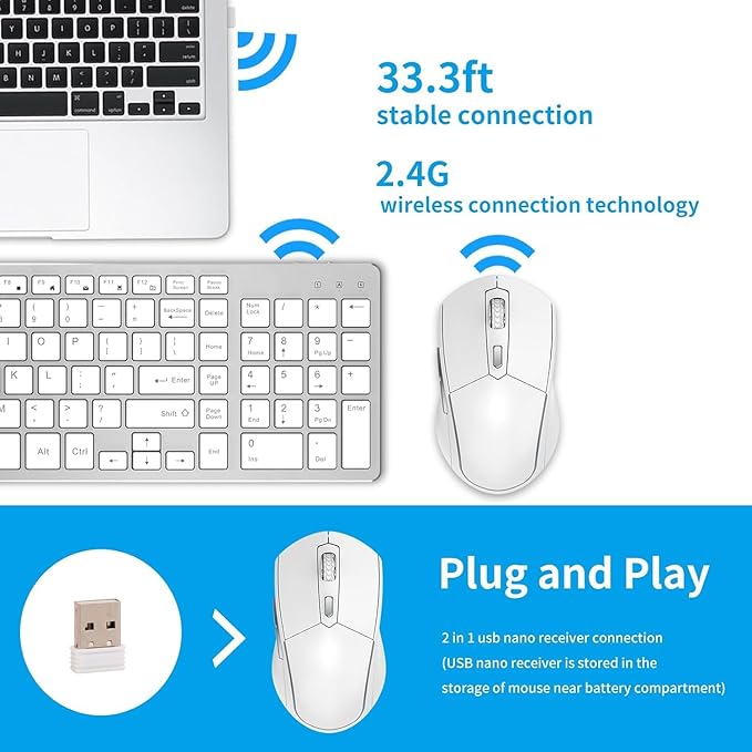 Wireless Keyboard Mouse Combo - Rechargeable, Quiet, Compact Design with Number Pad, 2.4 GHz USB Receiver, Slim Keyboard and Ergonomic Mice Set for Windows Computer Desktop PC Laptop -Silver White