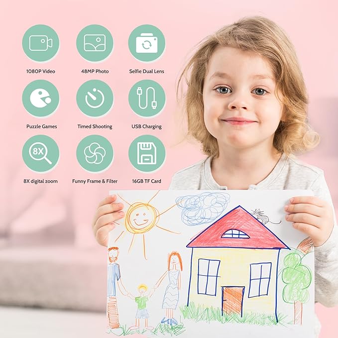 Kids Camera for Age 3-8, Kids Digital Camera Toddler Camera for 9 10 11 12 Years Old Birthday Gifts, 1080P Video Camera with Cute Protective Cover & 16GB SD Card