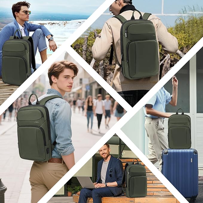 Backpack for Men Slim & Expandable Travel Laptop Backpack with USB Charging Port Water Resistant Anti-Theft Business Backpack Fits 15.6 Inch Laptop for Commute Work College with Small Bag(Olive Green)
