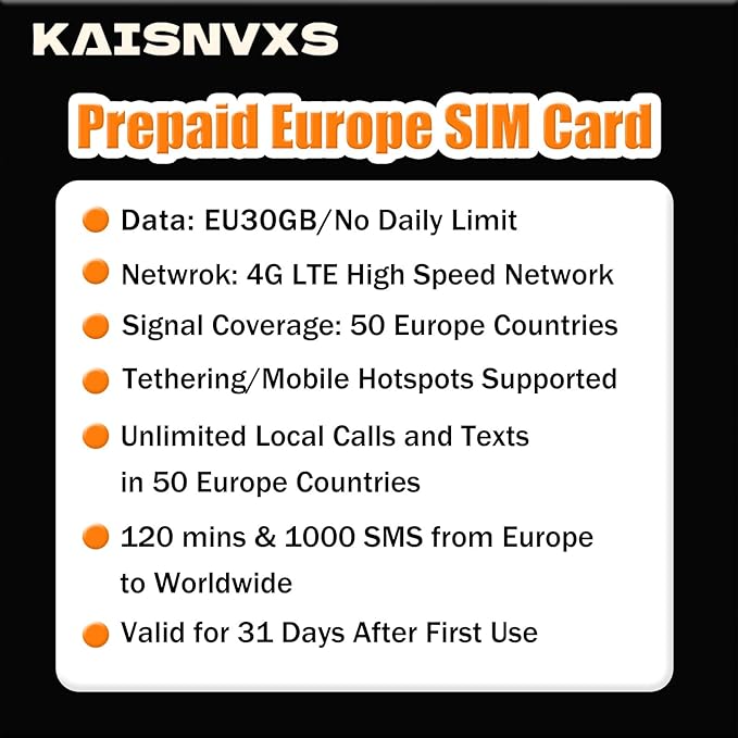 Prepaid SIM Card for Europe Travel with 30GB of 4G Data, Unlimited Calls and SMS in Europe with France Phone Number, 120 mins and 1000 SMS from Europe to Worldwide(Lasts for 31 Days),Tethering Allowed