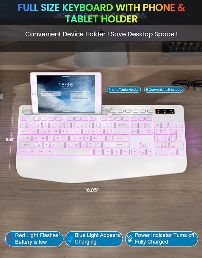 Wireless Keyboard with 7 Colored Backlit, Wrist Rest, Phone Holder, Rechargeable Ergonomic Computer Keyboard with Silent Keys, Full Size Lighted Keyboard for Windows, MacBook, PC, Laptop (White)