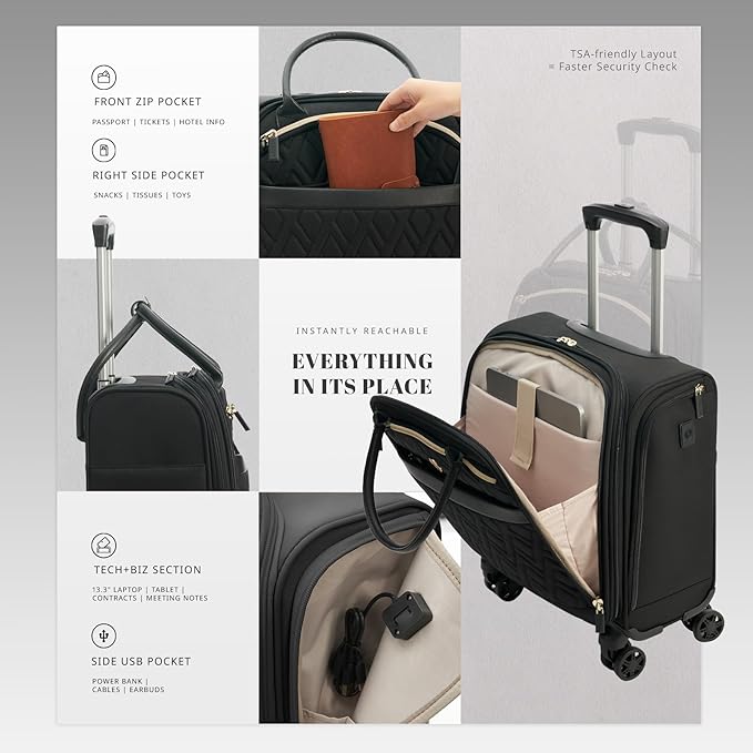 Verage 18x14x8in Spinner Underseat Carry-On Luggage -Airplane Personal Item Bag, USB A&C Charging Port, Padded Laptop Pocket & Wet/Dry Compartments for Women, Classic Black