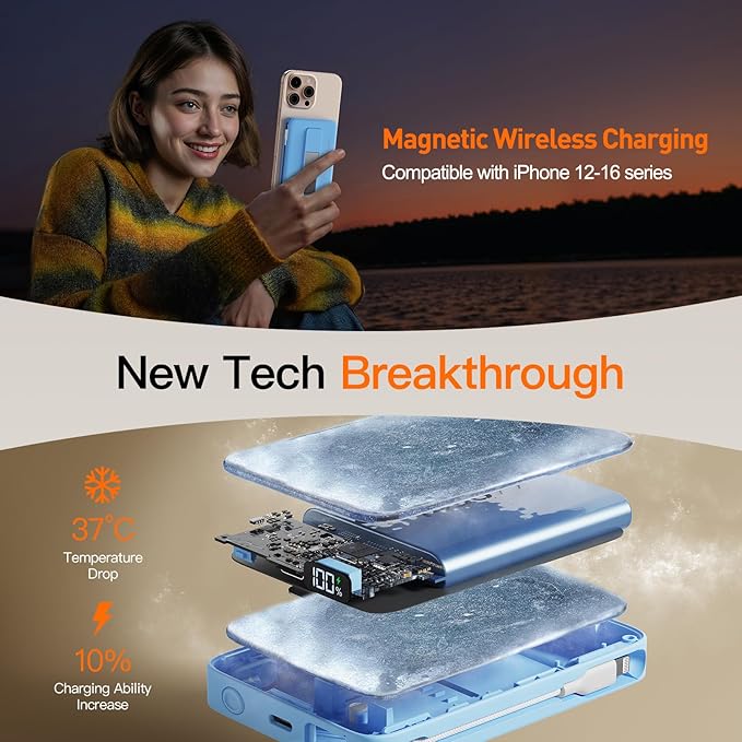 2025 Magnetic Battery Pack 16800mAh Mobile Power Bank, Portable Charger with Foldable Stand and Built-in Cable, 20W USB-C Fast Charging, Suitable for iPhone 17/16/15/14/13/12 Series