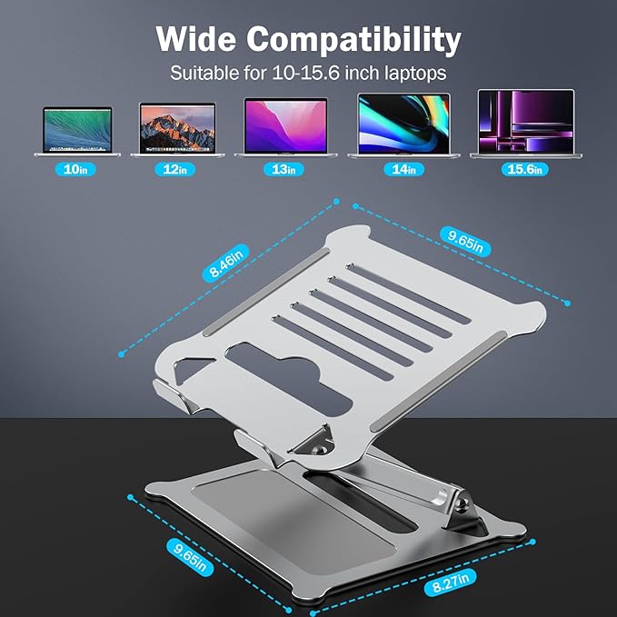 Aluminum Adjustable Laptop Stand, No Wobble Laptop Riser, Foldable Computer Notebook Stand Holder for 10-17" Laptops, Lightweight & Sturdy, Silver/B