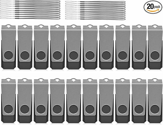 AGECASH 4GB Flash Drives 20 Pack USB 2.0 Flash Drives 4GB Thumb Drive Zip Drive USB Jump Drive Memory Stick with 20PCS Lanyard, Gray