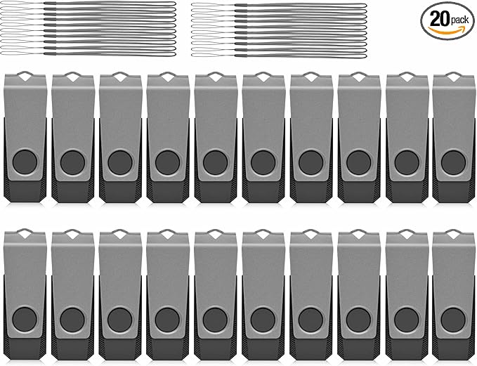 AGECASH 2GB Flash Drives 20 Pack USB 2.0 Flash Drives 2GB Thumb Drive 20 Packs Swivel Pendrive Zip Drive USB Memory Stick with 20PCS Lanyard Jump Drive Multipack Gray