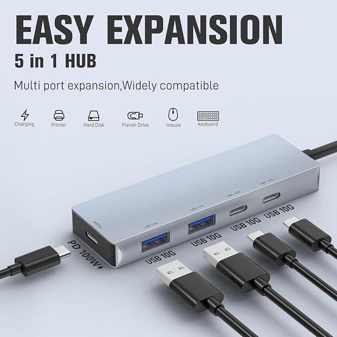 USB 3.2 Hub 10Gbps, 2 USB-C 3.2 and 2 USB-A 3.2,PD 100W Fast Charging for MacBook Pro, MacBook Air, Acer Laptops, HP Laptops, iPad Pro More.(Frosted Silver)