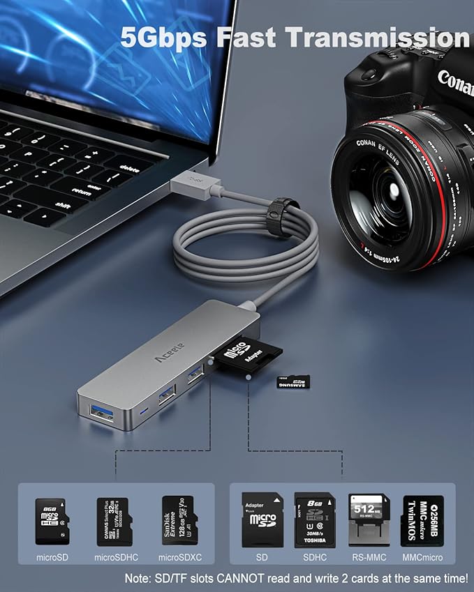 Aceele 5Gbps USB 3.0 Hub, 6 in 1 Ultra Slim Data USB Hub with 4ft Extended Long Cable, USB Multiport Hub with Micro USB Powered Port, SD/TF Card Slot Port, Compatible for PC, Laptop, MacBook
