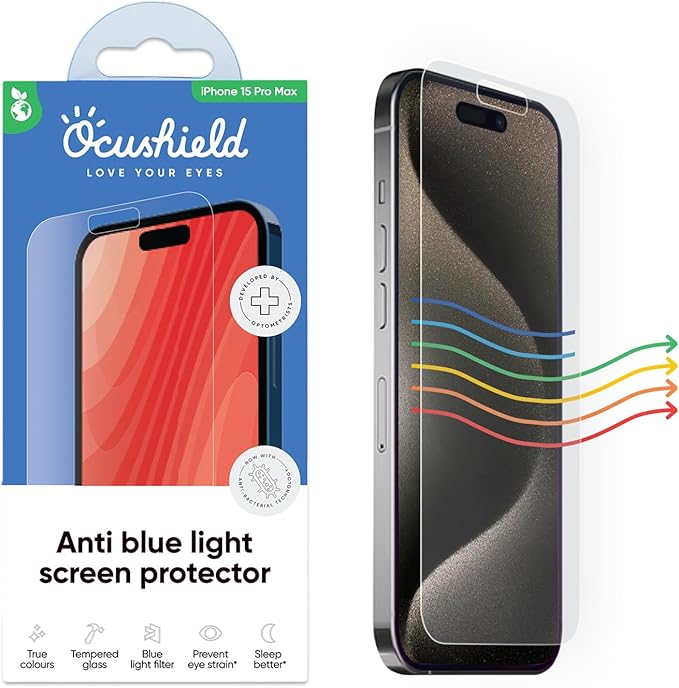 Ocushield Anti Blue Light Tempered Glass Screen Protector for iPhone 15 Pro Max (6.7") - Protect Your Eyes, Reduce Migraines & Improve Sleep