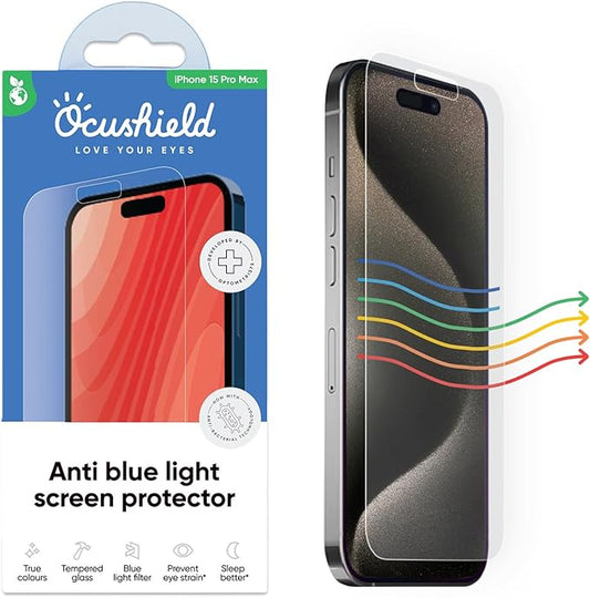 Ocushield Anti Blue Light Tempered Glass Screen Protector for iPhone 15 Pro Max (6.7") - Protect Your Eyes, Reduce Migraines & Improve Sleep