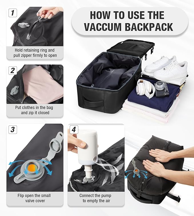Vacuum Travel Backpack with Pump for Women, Personal Item Carry on Backpacks Flight Approved for Men,Laptop Waterproof Work Compression bags Casual Daypack Black..