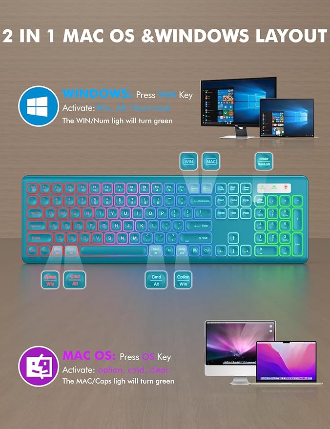 Wireless Keyboard and Mouse Combo - RGB Backlit, Rechargeable & Light Up Letters, Full-Size, Ergonomic Tilt Angle, Sleep Mode, 2.4GHz Quiet Keyboard Mouse for Mac, Windows, Laptop, PC