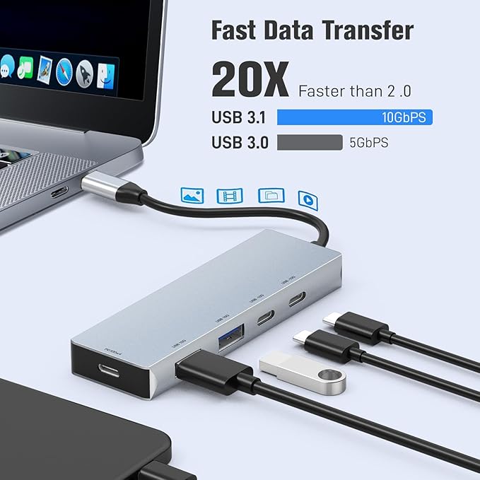 USB 3.2 Hub 10Gbps, 2 USB-C 3.2 and 2 USB-A 3.2,PD 100W Fast Charging for MacBook Pro, MacBook Air, Acer Laptops, HP Laptops, iPad Pro More.(Frosted Silver)