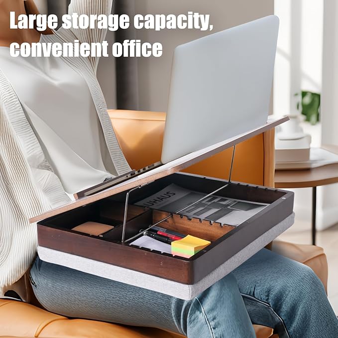 Acacia Wood Easel Lap Desk for Adults, Foldable, Fits up to 17.3 Inch Laptop with Storage and Cushion, Height Adjustable Laptop Pad for Writing, Drawing, and More