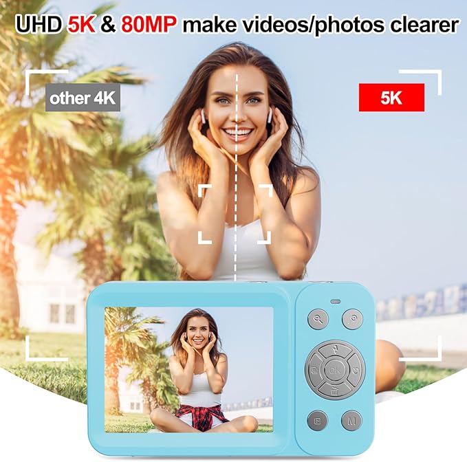 Upgraded 5K Dual Screen Digital Camera,80MP Vlog Photography Camera for YouTube,Campus,Travel,Compact Point & Shoot Camera for Teens & Beginners with Autofocus,18x Zoom,Anti-Shake,Blue