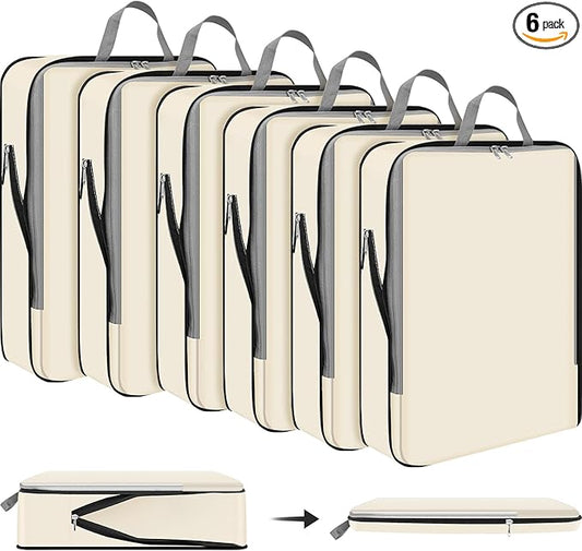 Hosuly 6 Pcs 17.3 x 12.6'' Compression Packing Cube Bag Extra Large Travel Expandable Space Saving Organizers XL for Luggage Storage(Beige)