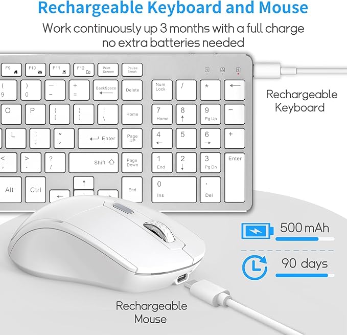 Wireless Keyboard Mouse Combo - Rechargeable, Quiet, Compact Design with Number Pad, 2.4 GHz USB Receiver, Slim Keyboard and Ergonomic Mice Set for Windows Computer Desktop PC Laptop -Silver White
