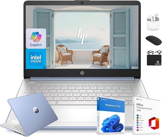 HP 14” Flagship Laptop 2025 AI-Powered Computer, Office Lifetime, Student Business, 4-Core Intel CPU, 16GB RAM 628GB Storage (128GB UFS+ 500GB Ext), Long Battery HubxcelAccessory Win 11 Pro Sky Blue