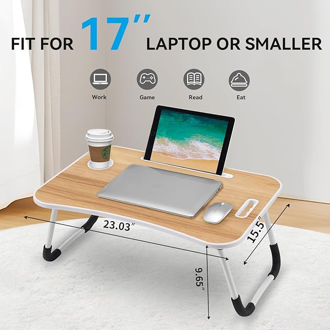 BUYIFY Folding Lap Desk, 23 Inch Portable Wood Yellow Laptop Bed Desk Lap Desk with Cup Holder, for Working Reading Writing, Eating, Watching Movies for Bed Sofa Couch Floor