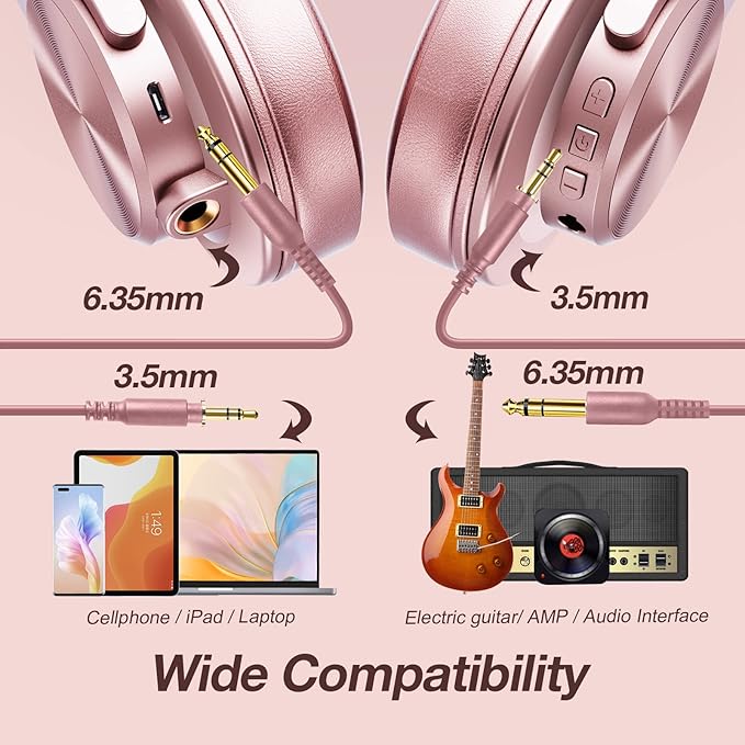 OneOdio A70 Bluetooth Over Ear Headphones, Wireless Headphones w/ 72H Playtime, Hi-Res, 3.5mm/6.35mm Wired Audio Jack for Studio Monitor & Mixing DJ Guitar AMP, Computer Laptop PC Tablet - Rose Gold