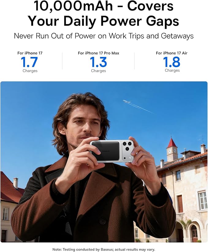 Baseus Picogo Power Bank, 0.5" Ultra Slim 10000mAh MagSafe Portable Charger, 27W Fast Charging Magnetic Battery Pack, Upgraded Polished Alloy Wireless Charger for iPhone 17 Pro Max/Air/16/15/14/13/12