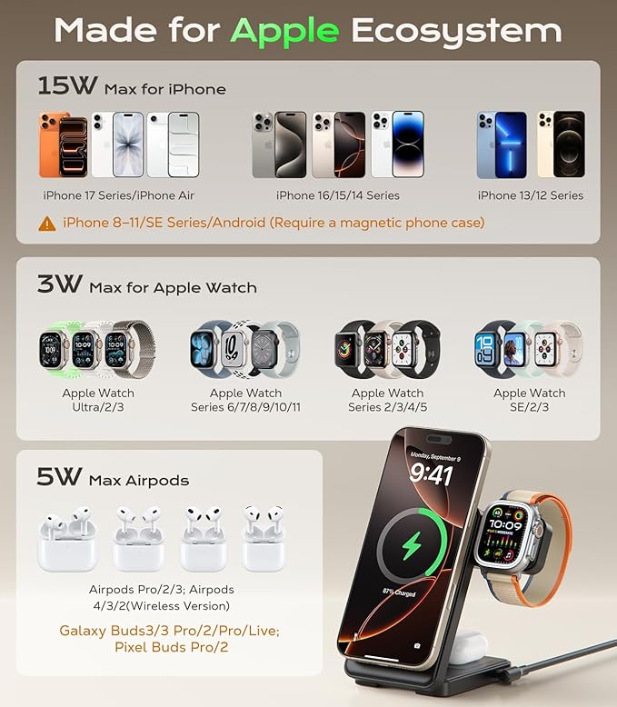 3 in 1 Magnetic Charging Station, 15W Fast Wireless Charger Compatible with MagSafe Charger Stand for iPhone 17 16 15 14 13 12, Apple Watch Charger & AirPods, Foldable Travel Charging Dock, Black