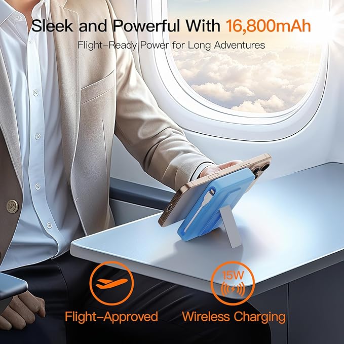 2025 Magnetic Battery Pack 16800mAh Mobile Power Bank, Portable Charger with Foldable Stand and Built-in Cable, 20W USB-C Fast Charging, Suitable for iPhone 17/16/15/14/13/12 Series