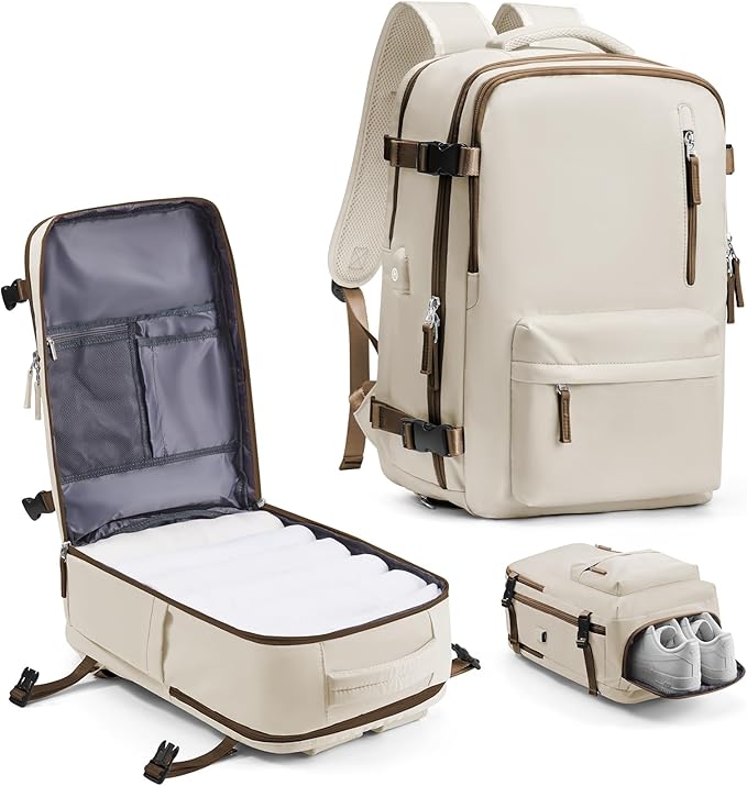 VECAVE Carry On Backpack for Women,Large Travel Backpack Flight Approved,Waterproof 15.6 Inch Laptop Backpack Business Work Backpacks Men Mochila De Viaje WhiteBrown
