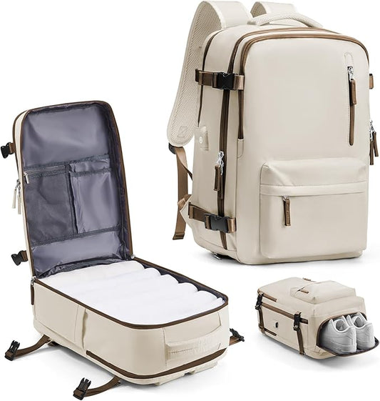 VECAVE Carry On Backpack for Women,Large Travel Backpack Flight Approved,Waterproof 15.6 Inch Laptop Backpack Business Work Backpacks Men Mochila De Viaje WhiteBrown