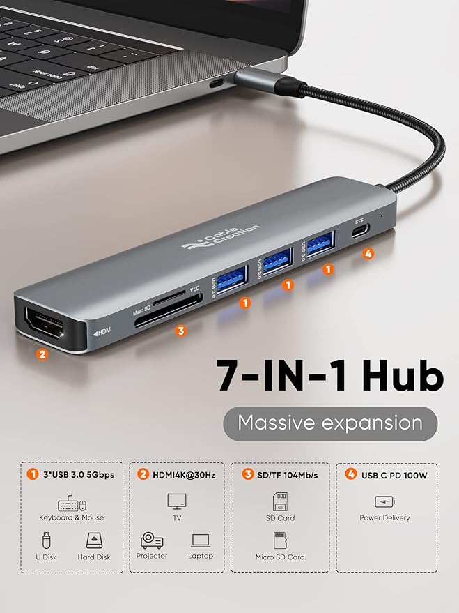USB C Hub Multiport Adapter, CableCreation 7-in-1 USB C HDMI Hub with 4K 30Hz HDMI, 100W PD, 3 USB 3.0 5Gbps Data Ports, SD/TF Cards Reader for MacBook Pro/Air, iPad Pro, Pixelbook, XPS