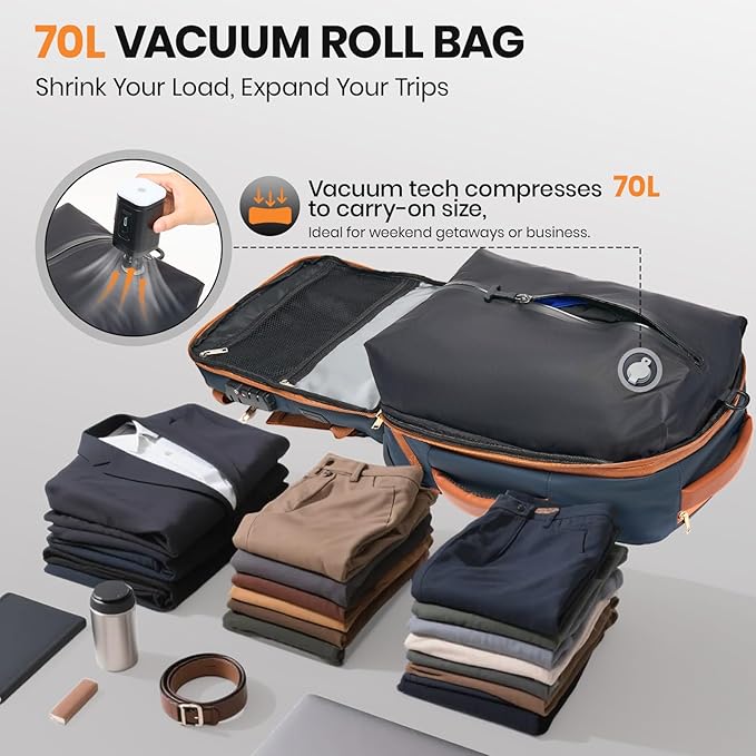 Fanwoli Vacuum Rolling Travel Backpack, Carry On Luggage with TSA Lock & Anti Theft Zipper, 70L Expandable Airback with Compression Pump, Waterproof Laptop Bag Ideal for Flight & Business,Blue