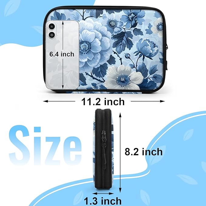Blue Flowers Electronics Travel Organizer Case, Tech Accessories Cable Storage Bag for Cords, Charger, Phone, Hard Drive