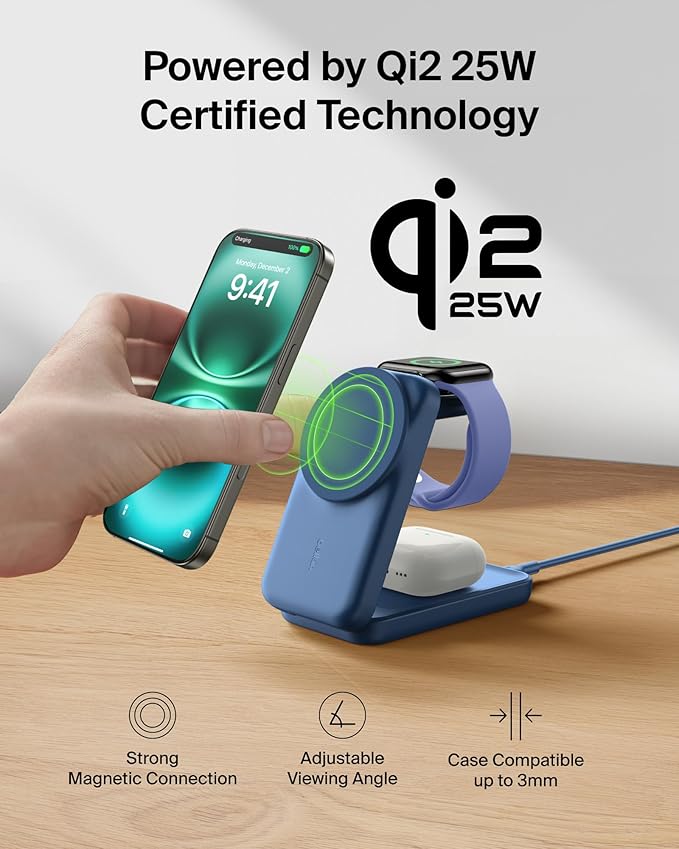 Belkin MagSafe Charger Compatible, 3-in-1 Charging Station, Qi2.2 25W Magnetic Wireless Charger Dock, Foldable Charging Stand for iPhone 17/16/15, Apple Watch, AirPods, Pixel 10 (45W Adapter Included)