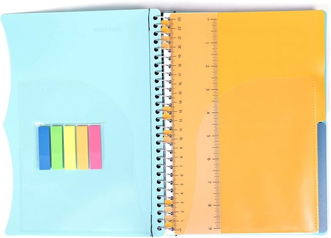 Mintra Office Durable PREMIUM Spiral Notebook, ((Teal, 2 Subject (6in x 9.5in)), Wire, Fabric Covered Coils, No Snags, Removable Adjustable Pocket Dividers, Ruler, Organization, Customizable