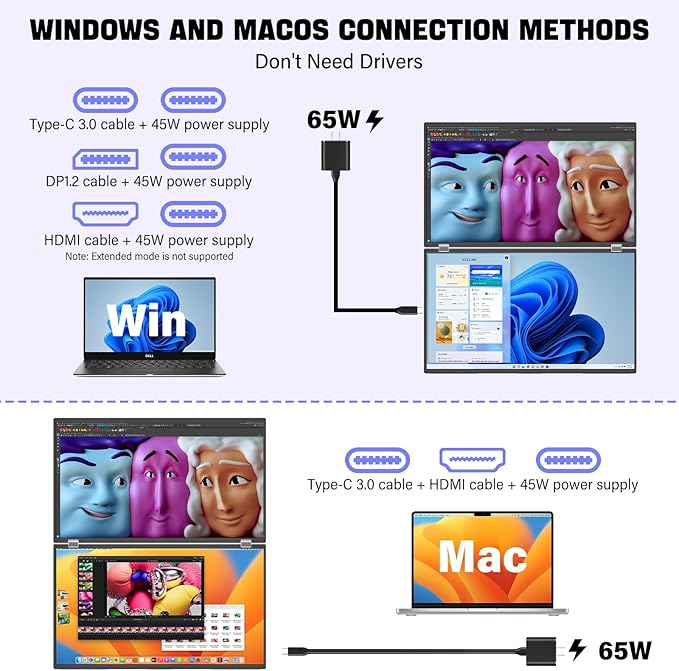 InnoView 23.8" 2K Dual Mnonitor Built-in Speakers QHD 2560 x 1440P Laptop Screen Extender 315°Adjustable Dual Monitor for MacBook Windows with DP Type-C HDMI Double Foldable Monitors(No Driver Needed)