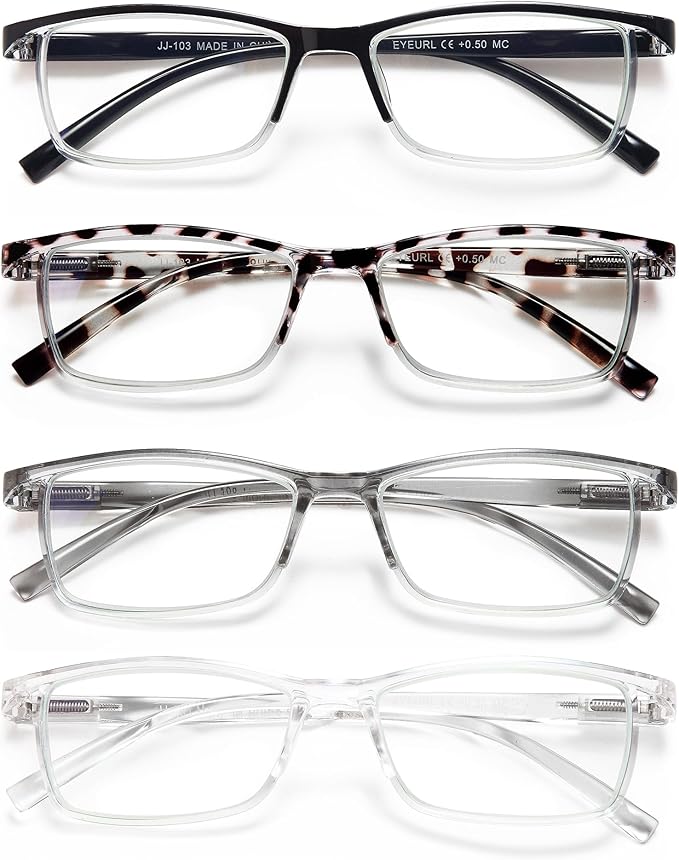 EYEURL 4-Pack Half Frame Blue Light Reading Glasses for Men Rectangle Semi Rimless Readers for Women Spring Hinge Eyeglasses