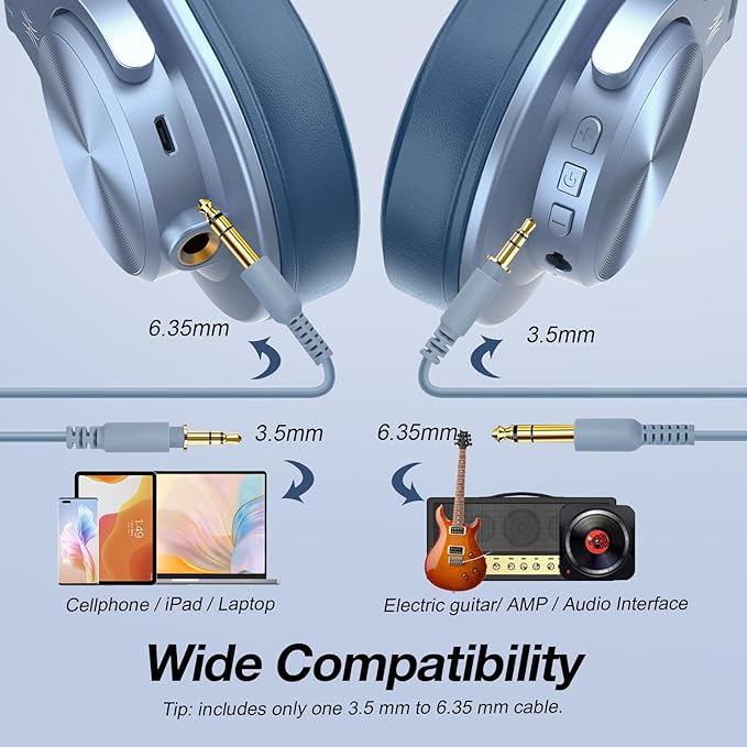 OneOdio A70 Bluetooth Over Ear Headphones, Wireless Headphones w/ 72H Playtime, Hi-Res, 3.5mm/6.35mm Wired Audio Jack for Studio Monitor & Mixing DJ Guitar AMP, Computer Laptop PC Tablet - Sky Blue